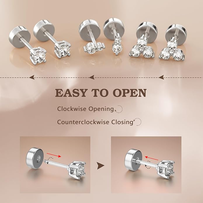 14K Gold Plated Solid 925 Sterling Silver Post Flat Back Earrings Stud | Cartilage Helix Conch Tragus Piercing Jewelry 3 Pairs Tiny Screw Dainty CZ Opal Earring Set Men Women