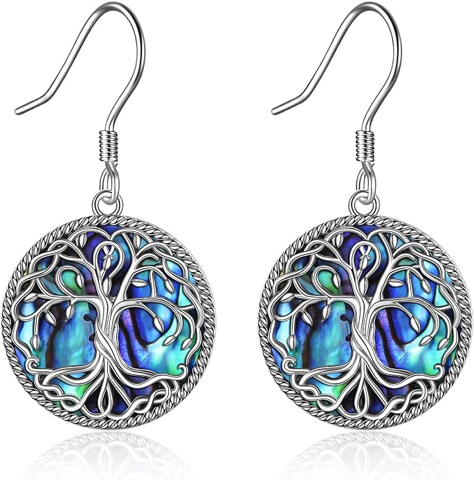 POPLYKE Celtic Tree of Life Earrings for Women Sterling Silver Family Tree Abalone Shell/Volcano Crystal Dangle Earrings Jewelry