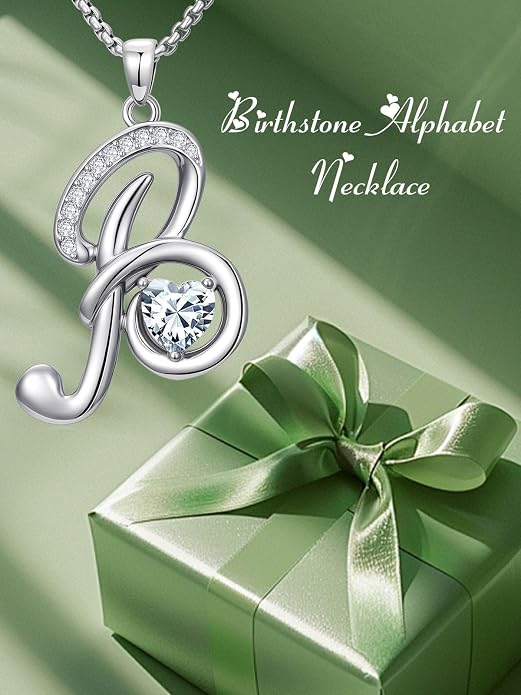 Birthday Gifts for Women Alphabet A to Z Initial Birthstone Pendant Necklaces for Women - 18k White Gold Plated Personalized Name Jewelry Anniversary Graduation Gifts for Wife Her Daughter Girlfriend(with Gift Box)