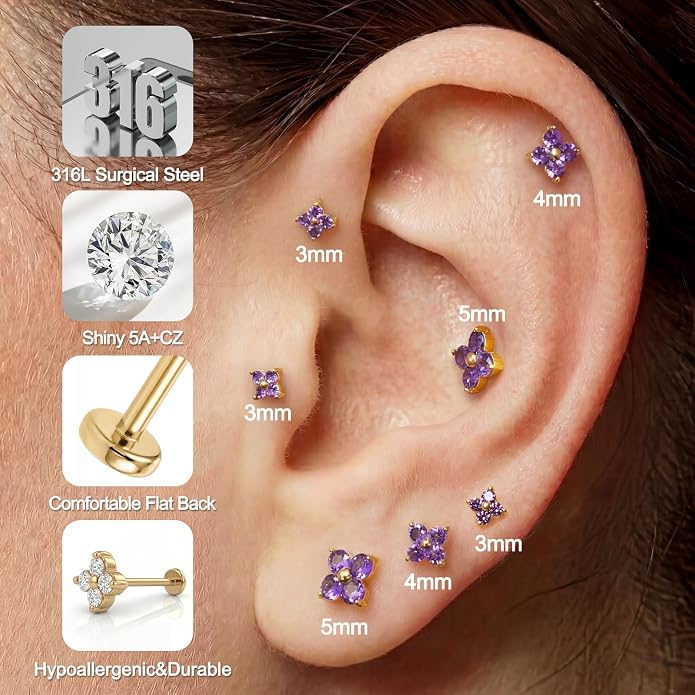 FANSING Short Threadless Cartilage Earring Stackable CZ Birthstone Flat Back Earrings for Women Small Stud Earrings for Tragus Helix Earlobe 18K Gold Plated ‌Rainbow 5.0mm
