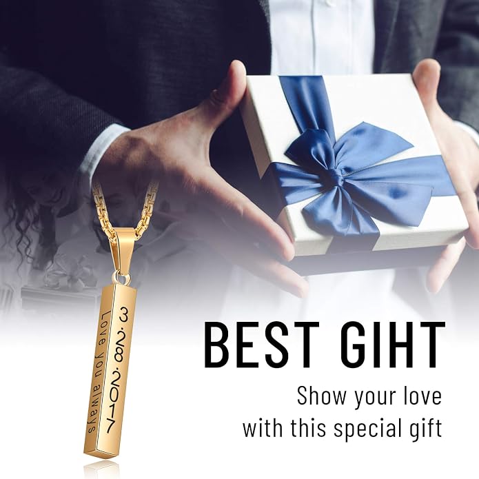 LanM Gifts for Dad Father's Day Gifts Personalized Mens Necklace Custom Name Necklaces for Men Bar Necklace for Women Engraved Initial Name Vertical Bar Necklace for Father
