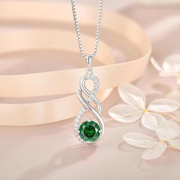 Gemstone Infinity Pendant Necklaces for Women, S925 Sterling Silver Round cut Zircon Necklace Birthstone Jewelry Gift for Her