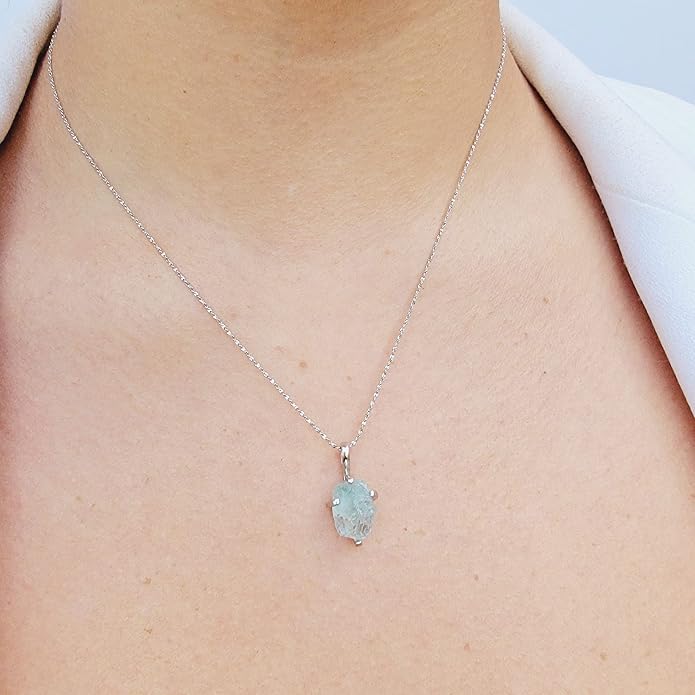Natural raw gemstone pendant chain necklace with white gold over 925 solid sterling silver, birthstone dainty solitaire gift for her, uniquelan jewelry