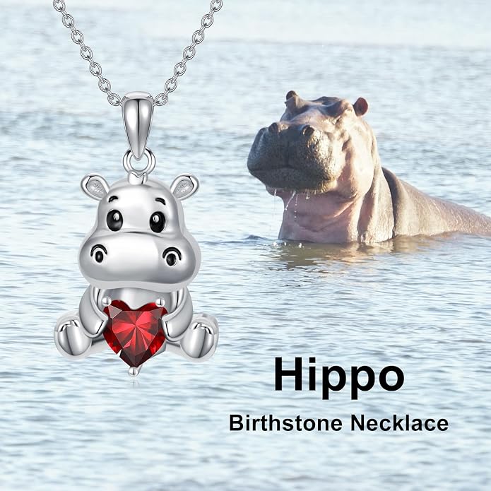 PROESS Animal Birthstone Necklace 925 Sterling Silver Otter/Axolotl/Hippo/Elephant/Dachshund/Monkey/Red Panda Pendant Necklace Animal Birthstone Jewelry Gifts for Women