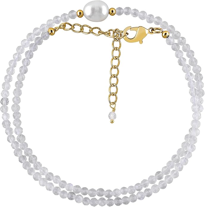 InfinityGemsArt Gemstone Gold Necklace For Women, Birthstone Natural Crystal Stone With Freshwater Pearl Beaded Jewelry, Gold Plated 18 Inch Chain