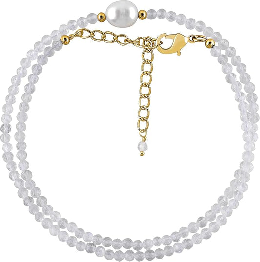 InfinityGemsArt Gemstone Gold Necklace For Women, Birthstone Natural Crystal Stone With Freshwater Pearl Beaded Jewelry, Gold Plated 18 Inch Chain