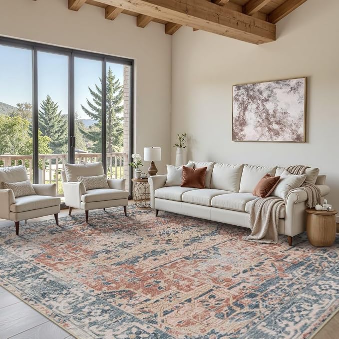 Rugxara 8x10 Area Rugs for Living Room Large Washable Rug, Coral Blue | Non Slip, Rug for Dining Room Bedroom Office Kids Room, Stain Resistant, Soft, Low Pile, Vintage Boho Retro Carpet,Home Decor