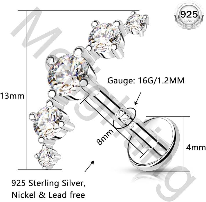 Melighting 16G Curved Helix Earring, Sterling Silver 925 Tragus Conch Stud Internally Threaded, Clear Marquise Round CZ Flat Back Lobe Labret Cartilage Piercing Jewelry for Women 6/8 mm