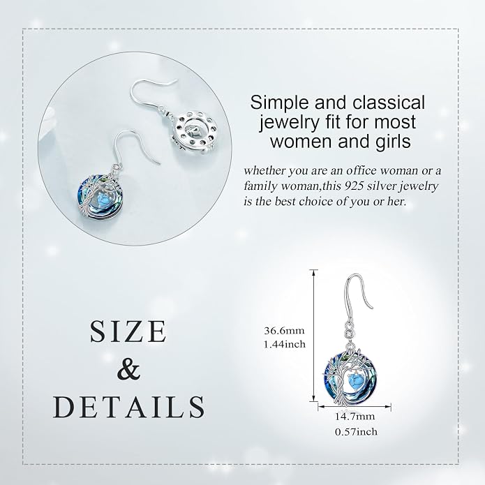 POPLYKE Tree of Life Birthstone Earrings 925 Sterling Silver Dainty Gemstone Birthstone Dangle Drop Earring with Crystal Fine Jewelry Birthday Gifts for Women Her