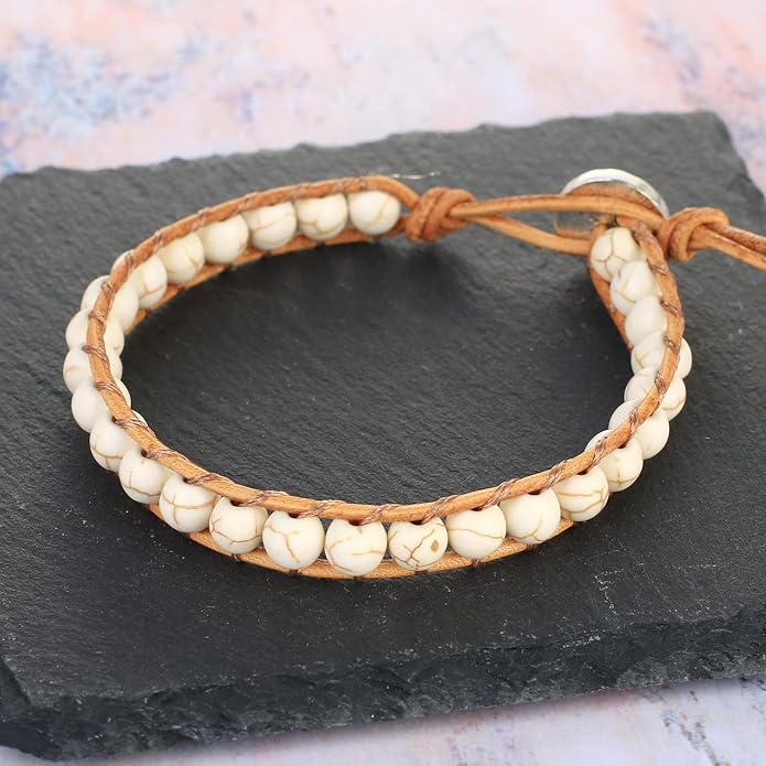 KELITCH Turquoise Mix Beaded Bracelets Single Wrap Bracelet on Brown Leather Handwoven New Jewelry
