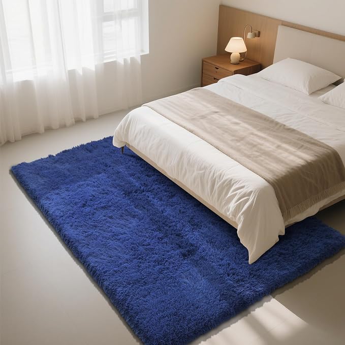 Blue Fluffy Rug Shag Area Rug, 3x5 Area Rugs for Girls Bedroom, Soft Play Mat, Indoor Floor Carpet for Teen, Preppy Dorm, Plush Aesthetic Bedside Rug