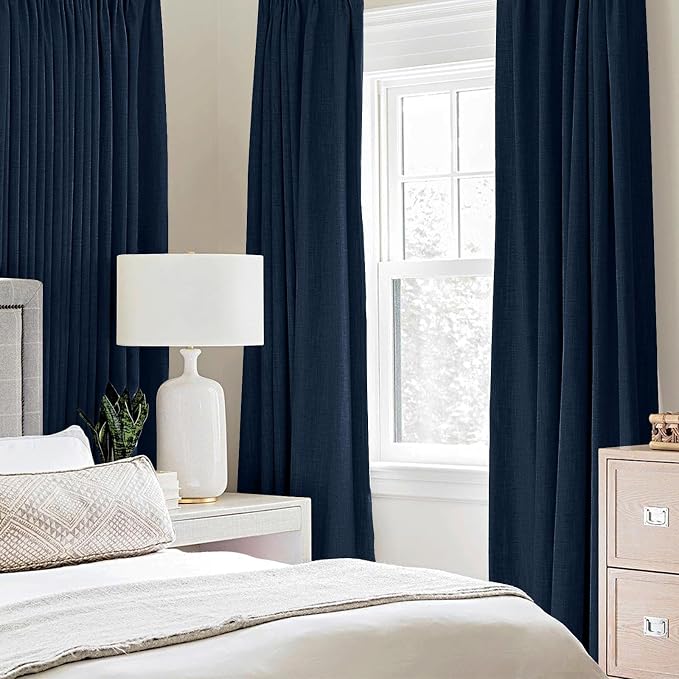 MIULEE 100% Blackout Linen Textured Curtains for Bedroom Solid Thermal Insulated Midnight Blue Grommet Room Darkening Curtains & Drapes Luxury Decor for Living Room 52 x 108 Inch (2 Panels)