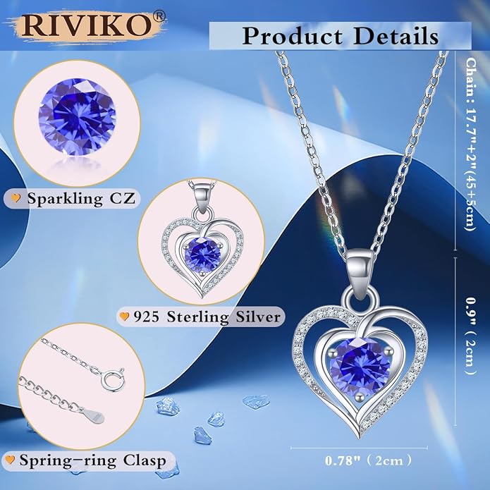 RIVIKO Heart Birthstone Pendant Necklace for Women 925 Sterling Silver Zirconia Necklaces Valentine's Day Anniversary Birthday Mothers Day Jewelry Gifts For Her Mother Wife