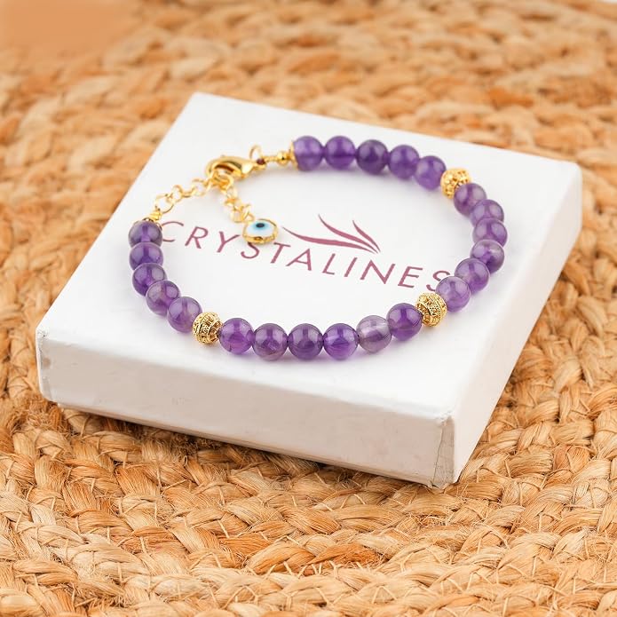 AAA Grade Natural Gemstone Beaded Bracelet, 14K Gold Plated with Evil Charm, Wicca & Reiki Healing Crystals, Handmade Bohemian Jewelry, Christmas Gift for Women (7+1inch)