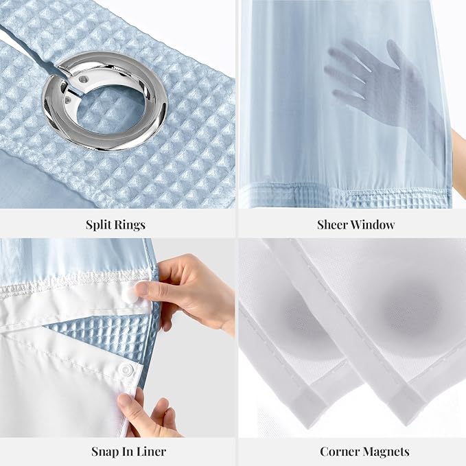 River Dream Cotton Blend Shower Curtain Set with Liner, Misty Blue, 71x86 | Waffle Weave, No Hook Needed, with Snap in Replacement Liner, Top Sheer Window, Hotel Quality for Bathroom, Extra Long
