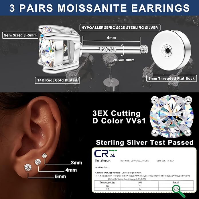 3 Pairs Moissanite Earrings Set for Women Men Dainty Flat Back Earrings Hypoallergenic Cartilage Piercing Jewelry Gifts