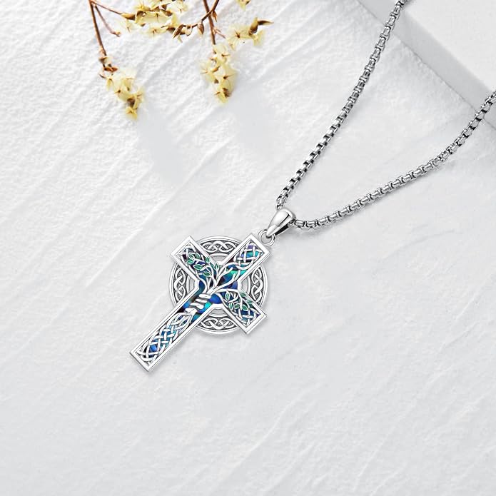 Celtic Cross Tree of Life Necklace for Women Sterling Silver Thor Hammer Tree of Life Pendant Irish Knot Cross Amulet Tree of Life Jewelry