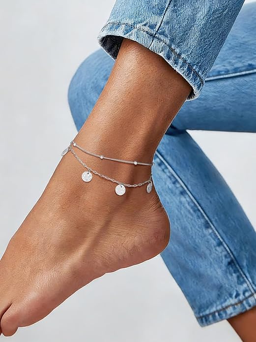 U7 Silver/Gold Ankle Bracelets for Women Layered Chain Anklets Stainless Steel Waterproof Summer Beach Anklet Cham, Adjustable 8.5"-10.5"