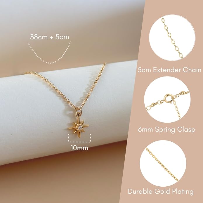 Annika Bella Silver North Star Necklace, Dainty CZ Star Pendant for Women