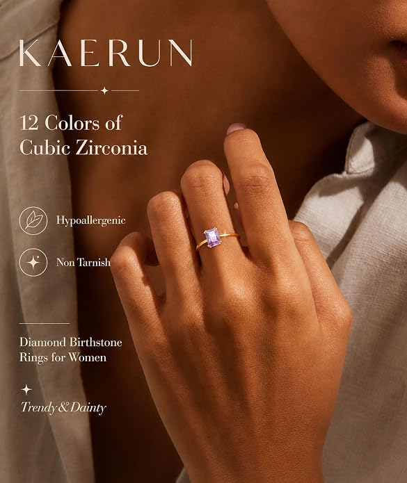 KAERUN Gold Birthstone Rings for Women Non Tarnish 14K Gold Plated Stackable CZ Thumb Eternity Rings Dainty Emerald Green Gemstone Engagement Ring for Mother Lover Birthday Jewelry Gifts Size 6-10