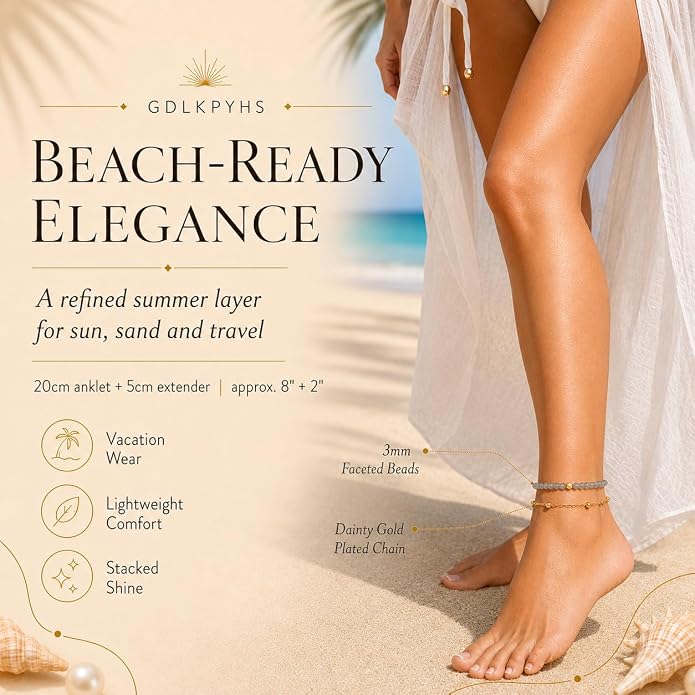 2Pcs Beaded Anklets for Women, Natural Stone Bead Ankle Bracelets with 14K Gold Plated Chain, Waterproof Adjustable Layered Anklet Set, Boho Beach Summer Jewelry Gift