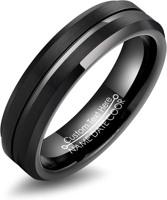 LerchPhi Tungsten Wedding Band for Men, Engraved and Customizable Promise Rings for Him and Her, Width 6MM 8MM Size 6-14, Center Grooved Beveled Edge, Comfort Fit