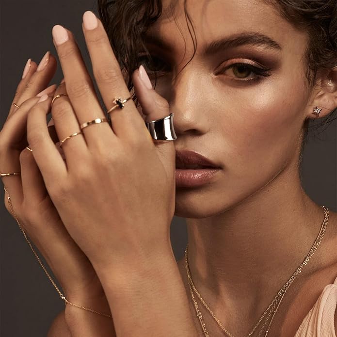 Wide Statement Band Rings for Women and Men，High 14K Gold Plated Polish Large Thumb Index Full Finger Rinds Size 6-11（Gold and Silver）