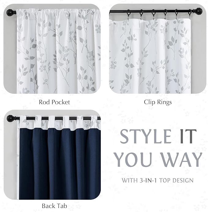 Beauoop Floral 100% Blackout Curtains for Bedroom Grey White 52X84 2 Panels | Flower Patterned Room Darkening Drapes for Living Room 84 Inch Long Thermal Insulated Soundproof Window treatment Rod Pocket