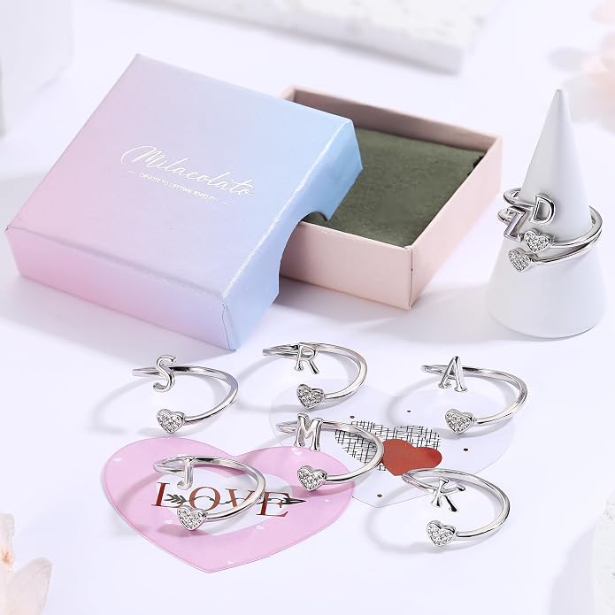 MILACOLATO 925 Sterling Silver Initial Rings for Women Teen Girl 18K Gold Plated Heart Initial Rings Adjustable Capital Letter Ring Stackable Thumb Pinky Rings for Daughter Birthday Bridesmaid Gifts Jewelry, A to Z