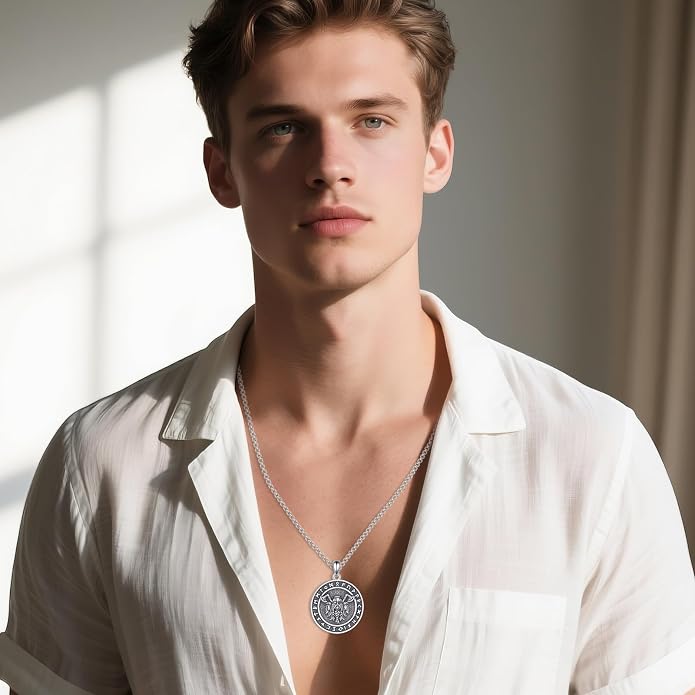 Viking Odin Necklace for Men 925 Sterling Silver Norse Odin Pendant Viking Runes Amulet Necklace Pagan Jewelry Gifts for Husband