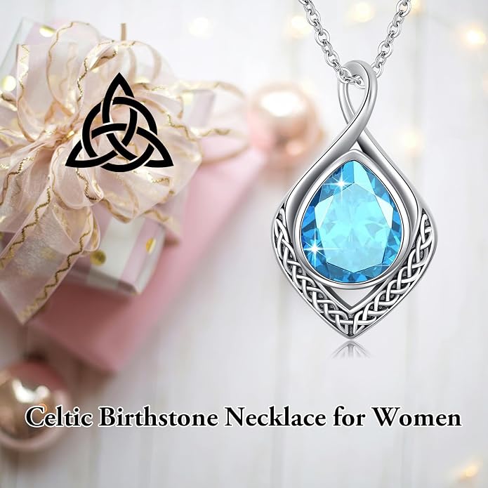 PELOVNY Celtic Knot Necklaces for Women 925 Sterling Silver Gemstone/Birthstone Teardrop Infinity Necklace Irish Celtic Pendant Jewelry Gifts for Mom Daughter Wife