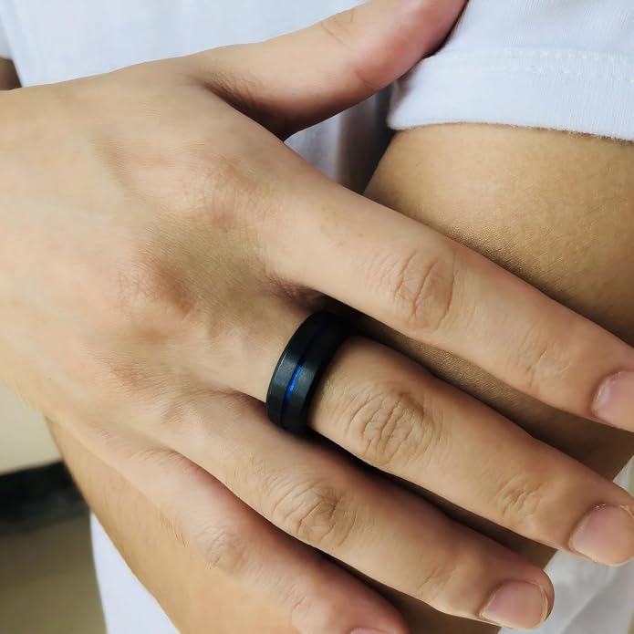 MMTTAO Men's Titanium Ring Wedding Bands for Men Women 6MM 8MM 10MM Black/Blue/Silver Engagement Band Wedding Rings Beveled Edge Brushed Matte Finished & Polished Grooved Center Comfort Fit Size 6-13