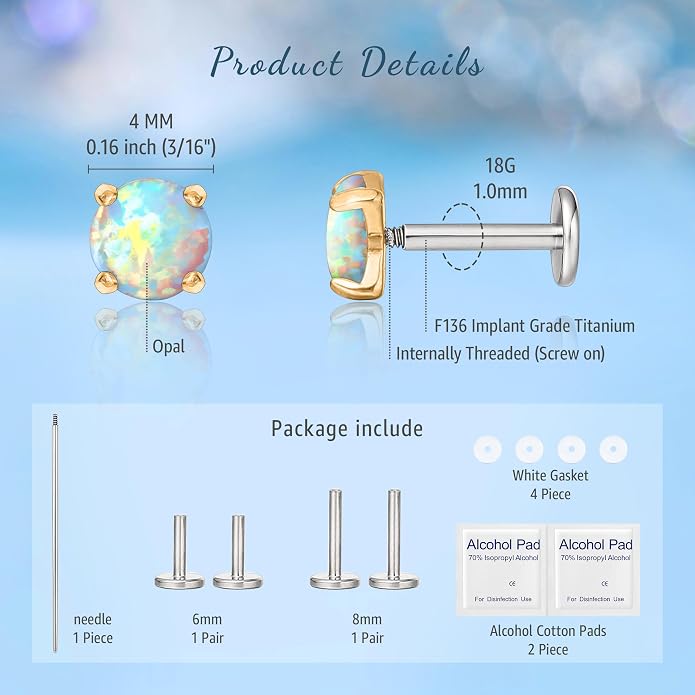 Limerencia 2Pcs 18g Titanium Internally Threaded Tragus Piercing Jewelry Nose Studs Flat Back Earrings Labret, Lip, Helix, Cartilage, Conch, Medusa Piercing for Women Men Sensitive Ears