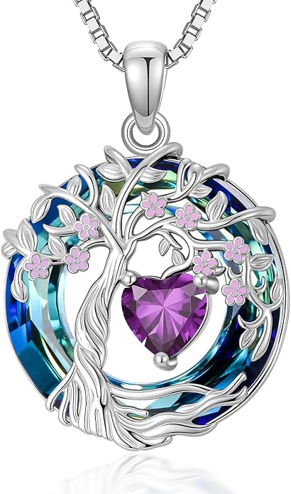 Tree of Life Birthstone Necklace 925 Sterling Silver Crystal Tree of Life Pendant Birthstone Jewelry Birthday Christmas Gifts for Women Mom Her Wife