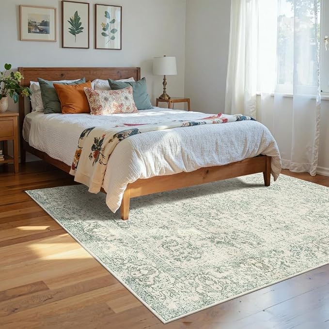 Rugxara Washable Area Rug for Living Room, Vintage Boho Rugs for Office, Dining Room, Kids Room, Farmhouse, Durable Low Pile Non Slip Carpet for High Traffic Areas, Light Green(4x6ft)