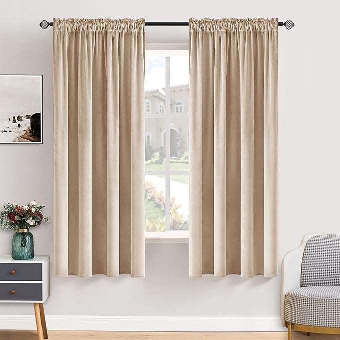 MIULEE Camel Beige Blackout Velvet Curtains Drapes 63 Inch Long 52"x63" | Luxurious Bedroom Living Room Decor, Room Darkening, Thermal Insulated, Rod Pocket Design, Super Soft Fabric