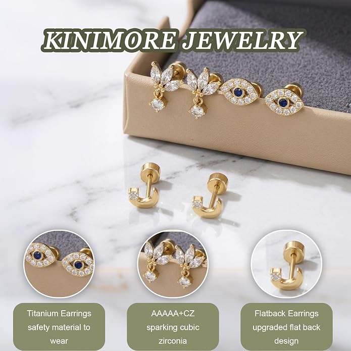 3 Pairs 20G Flat Back Earrings, G23 Titanium Hypoallergenic CZ Studs, 14K Gold Cartilage Helix Tragus Conch Piercing Jewelry for Women