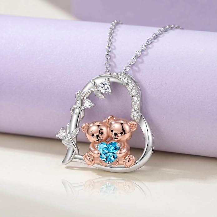 PELOVNY Teddy Bear Necklace for Women 925 Sterling Silver Bear/Highland Cow/Fox/Cat/Axolotl Birthstone Necklace Christmas Birthday Jewelry Gifts for Mom Daughter Wife Sister