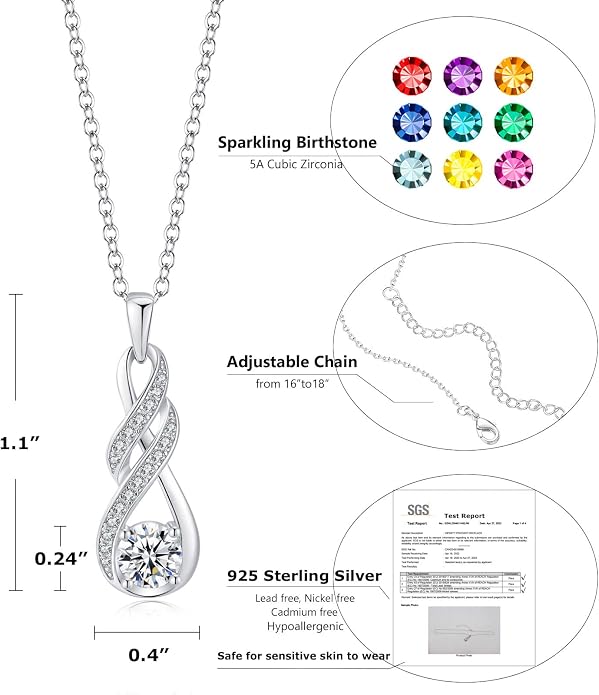 Birthstone Necklaces for Women 925 Sterling Silver Infinity Pendant Created Gemstone Jewelry for Her, 16"+2"
