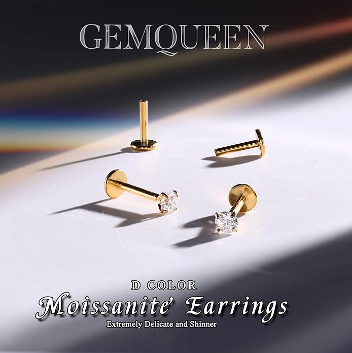 GEMQUEEN Moissanite Earrings G23 Titanium Extended Internal Thread Flat Back Earrings Hypoallergenic Tragus Cartilage Helix Conch Piercing Jewelry for Women Men 18G 6/8mm Post Gray/D Color 0.2-3CT