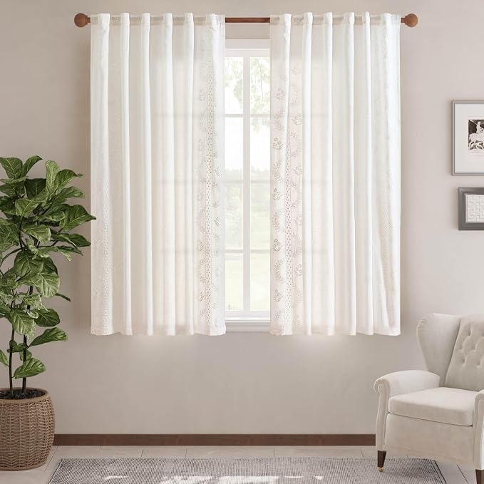 jinchan Floral Linen Curtains 63 Inch Farmhouse Back Tab 2 Panels White | Embroidered curtains,boho curtains,living room,bedroom,light filtering,privacy,flower patterned drapes,window treatment