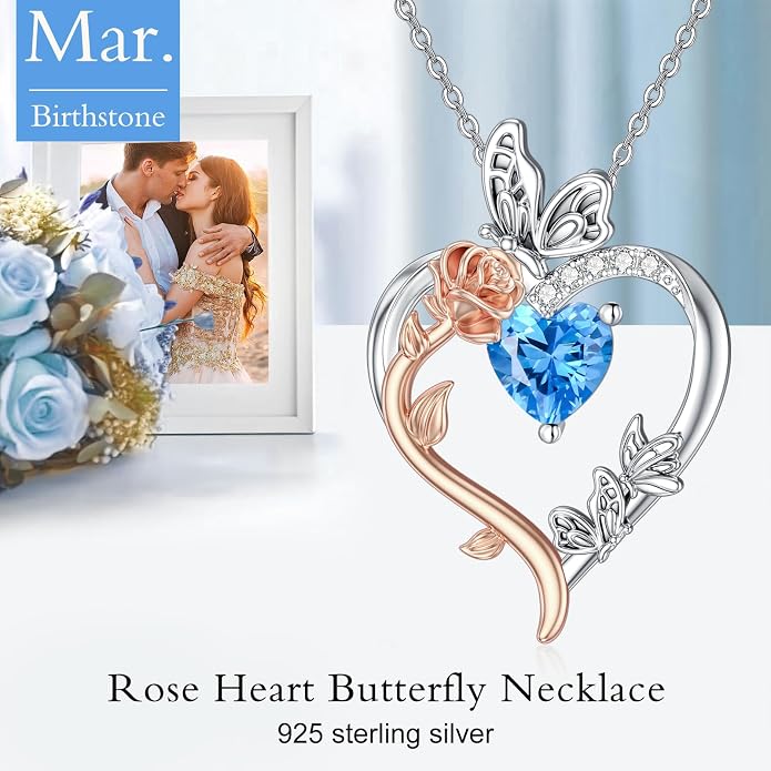 TOUPOP Rose Heart Birthstone Necklace 925 Sterling Silver Heart Butterfly Pendant Love Jewelry Birthday Gifts for Women Wife Mom Her
