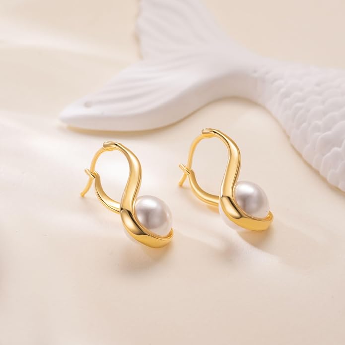 14K Gold Earrings for Women Gold Hoop Earrings Pearl Earrings for Women Hoop Solitaire Teardrop-Shaped with Twisted Lines Eye-catching Pearl Drop Dangle Hoops Earring for Womens 24mm