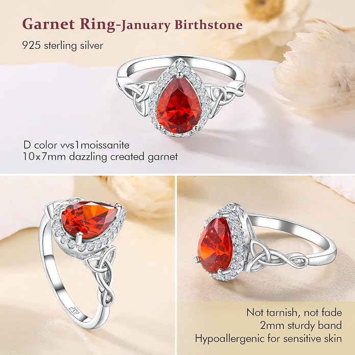 DAYBYDAY Celtic Birthstone Rings for Women 925 Sterling Silver Heart/Round/Pear/Oval Created Gemstone Moissanite Halo Engagement Promise Rings for Her Wife Birthday Anniversary Wedding Jewelry