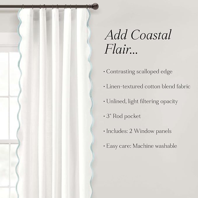 Lush Decor Coastal Chic Scalloped Edge Light Filtering Window Curtain Panels Pair, 52" W x 84" L, Blue & White - White Curtains for Living Room - Coastal Decor
