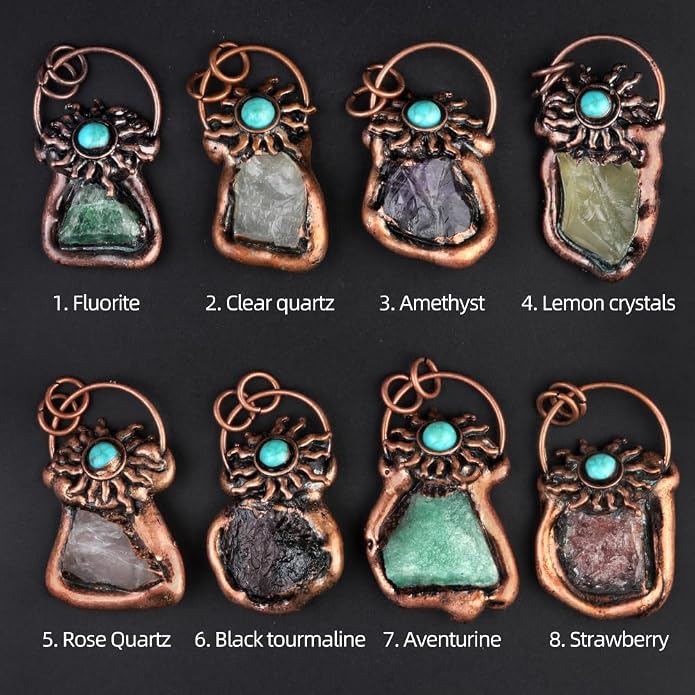 LE SKY 2Pcs Natural Raw Crystal Quartz Pendant Necklaces, Vintage Copper Wrapped Irregular Wire Gemstone Choker, Boho Sun Turquoise Healing Stone Jewelry Gifts for Women