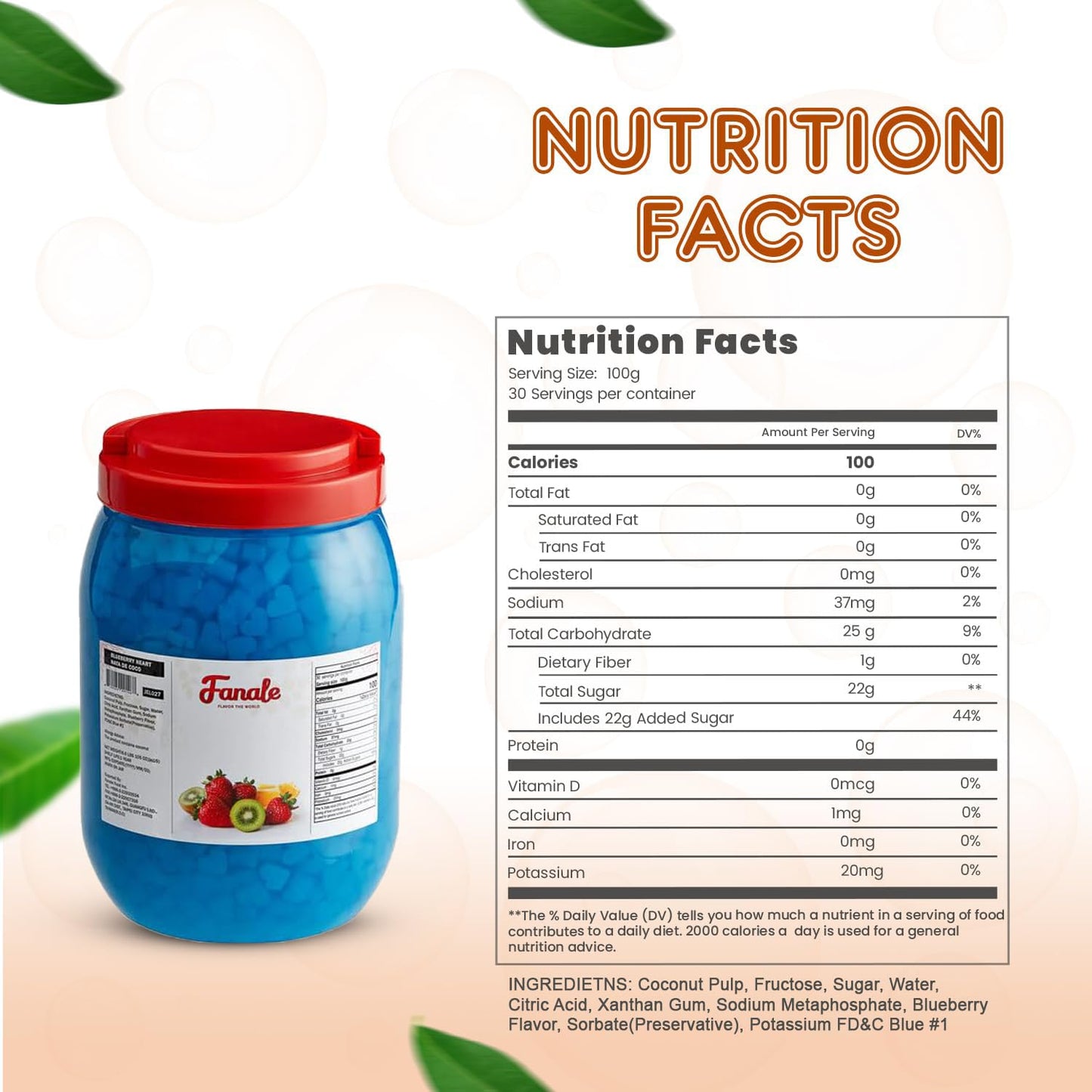 New Fanale Coconut Jelly Topping nata de coco for Boba Tea | Ice Cream | Yogurt | Smoothie | Milk Tea | Desserts (Blueberry Heart Shaped, 6.6 lb)