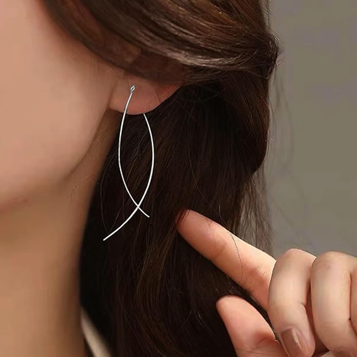 925 Sterling Silver Dainty Hard Wire Threader Dangle Earrings for Women 14k Gold Plated Tassel Threader Pull Through Long Half Hoop Earring Wedding Bridal Birthday Jewelry Gifts