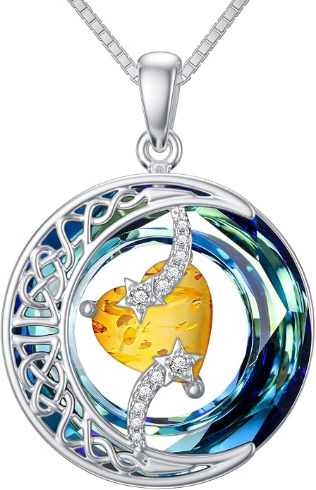 TOUPOP Birthstone Necklace 925 Sterling Silver Moon and Star Pendant Celtic Moon Jewelry with Blue Crystal Anniversary Birthday Gifts for Women Mom Wife Her