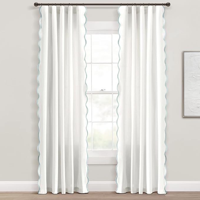 Lush Decor Coastal Chic Scalloped Edge Light Filtering Window Curtain Panels Pair, 52" W x 84" L, Blue & White - White Curtains for Living Room - Coastal Decor